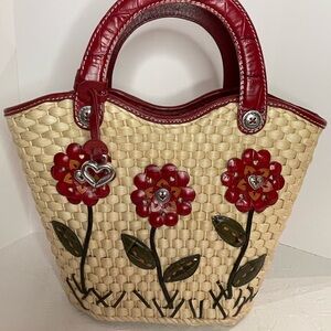 Brighton Beverly Straw Purse with Floral Design and Red Leather Trim